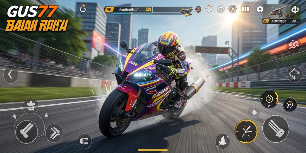 Screenshot gameplay yang menunjukkan aksi balap motor penuh adrenalin di GUS77.