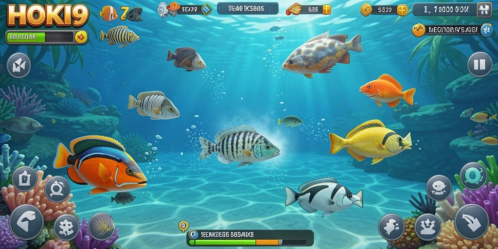 Gameplay menembak ikan yang seru dan penuh warna.