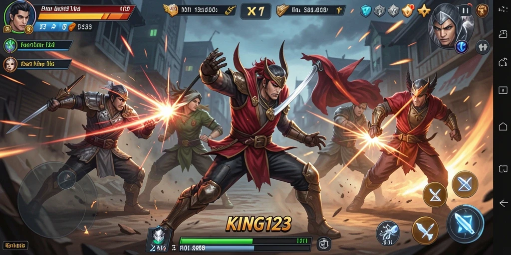 Tangkapan layar gameplay KING123 menunjukkan karakter bertarung dengan aksi cepat dan dinamis.
