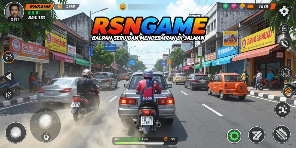 Screen utama RSNGAME menampilkan balapan seru di jalanan.