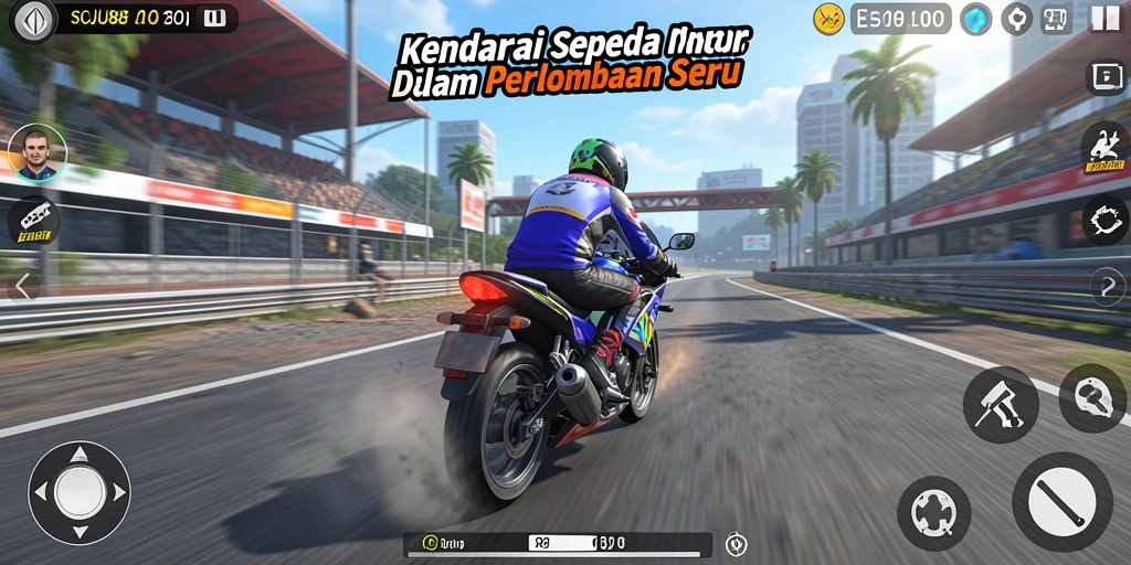 Tangkapan layar gameplay SOJU88 yang menunjukkan aksi balapan sepeda motor.