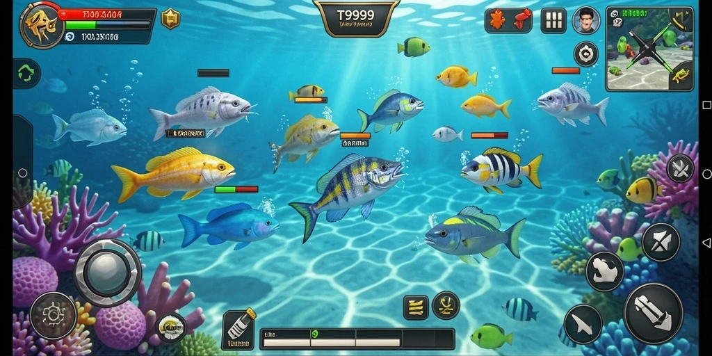 Screenshot gameplay T9999 menampilkan aksi seru menembak ikan berwarna-warni.